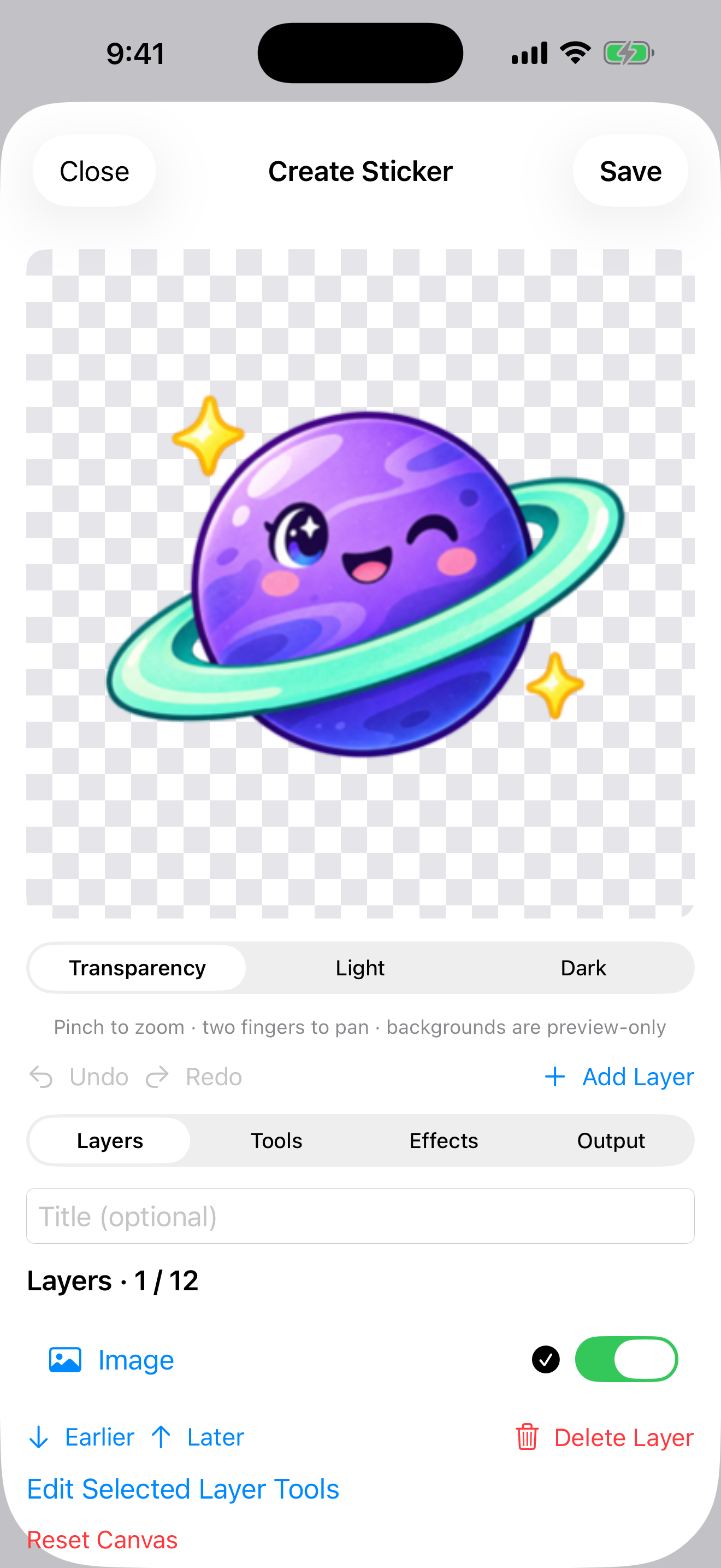 CrankyStickers editor with a planet sticker, preview backgrounds, layers, tools, effects, and output controls